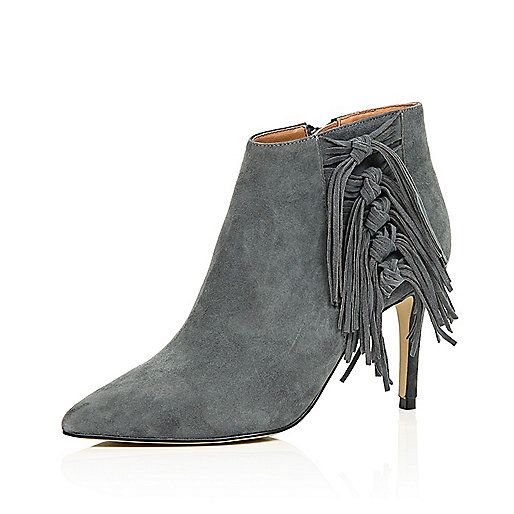 Grey suede fringed heeled boots | River Island (UK & IE)