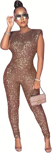 Womens Sexy Sleeveless O Neck Sequins Bodycon Party Clubwear Jumpsuit Rompers | Amazon (US)