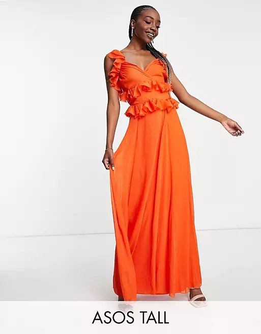 ASOS DESIGN Tall tiered ruffle maxi dress with tie back in orange | ASOS (Global)