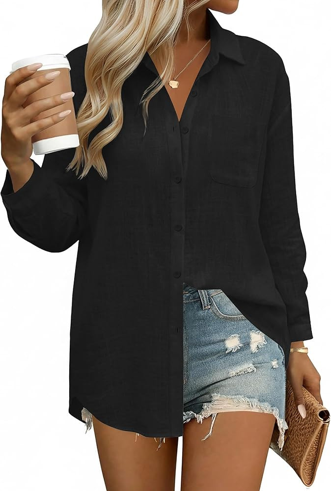 HOTOUCH Womens Button Down Shirts Linen Cotton Long Sleeve Blouses Casual Collared Loose Fit Gauz... | Amazon (US)