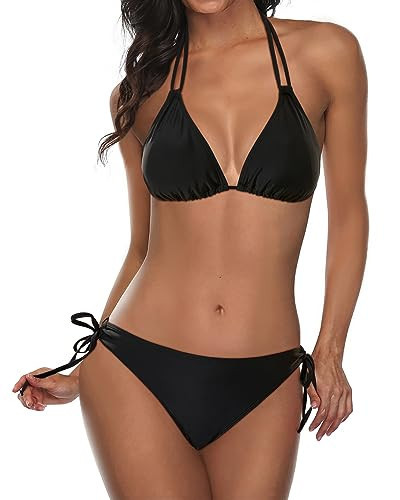 Tempt Me Women Black Two Piece Triangle Bikini Halter Swimsuit Top String Bathing Suits XL | Amazon (US)