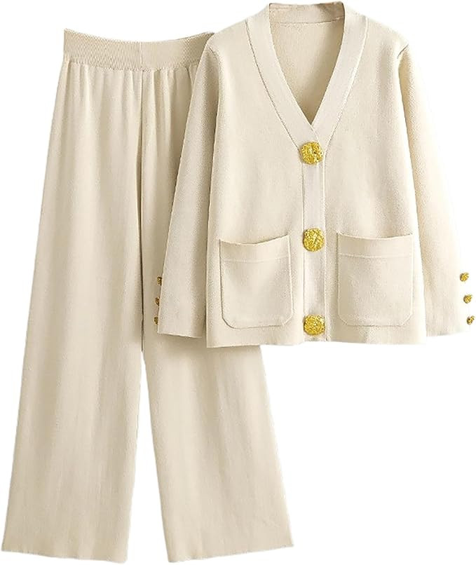 Women's 2 Piece Outfits Sweater Set Knit V Neck Button Pockets Tops Cardigan High Waisted Wide Le... | Amazon (US)