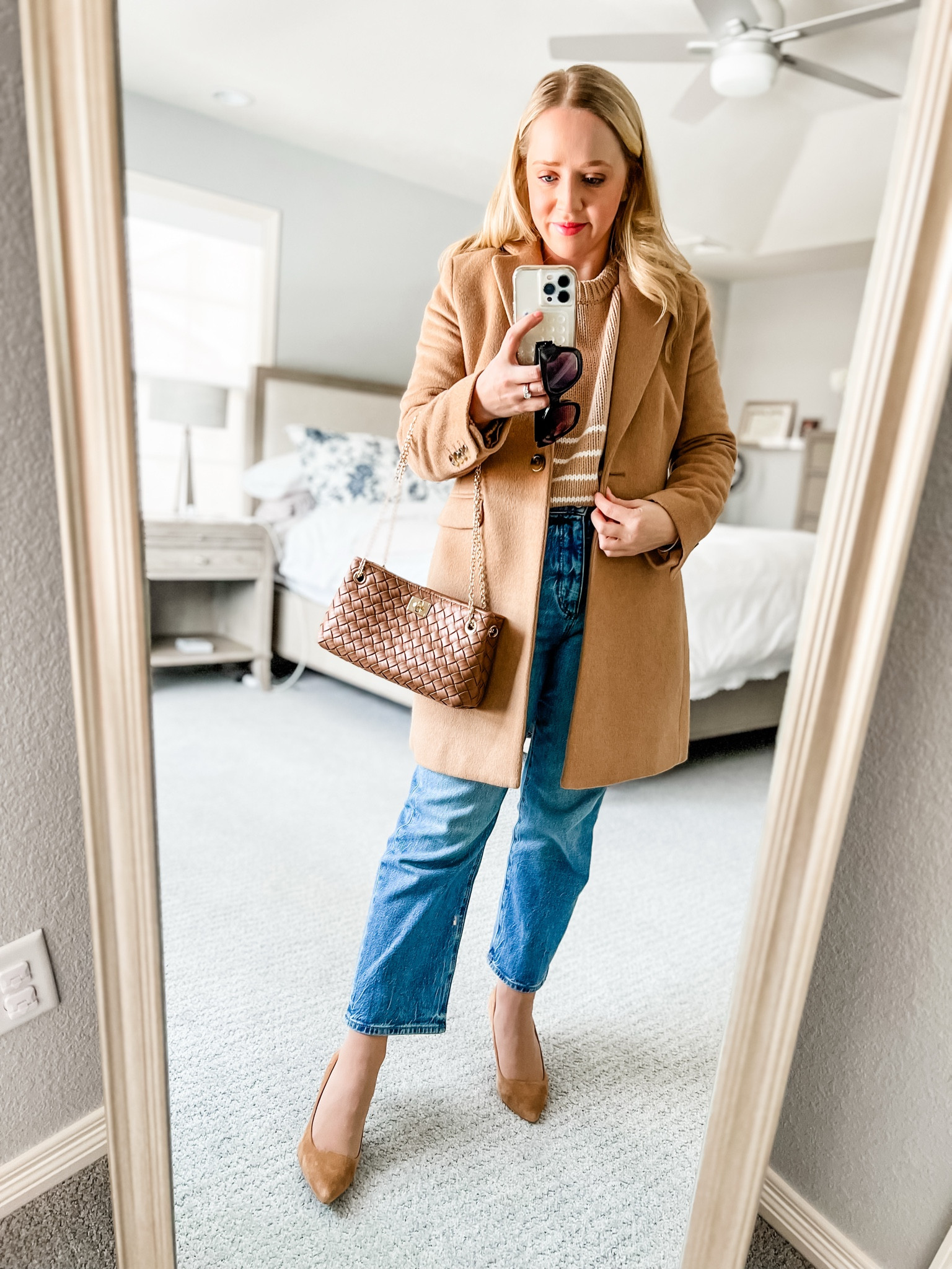 What I’m wearing to Valentine’s Day brunch! Exact coat in petite sizes, fits tts. Straight jeans in petite fit tts. Exact bag. Similar striped sweaters and heels. 
Spring outfit, spring fashion, petite, petite outfit, petite jeans 

#LTKPetite #LTKSaleAlert