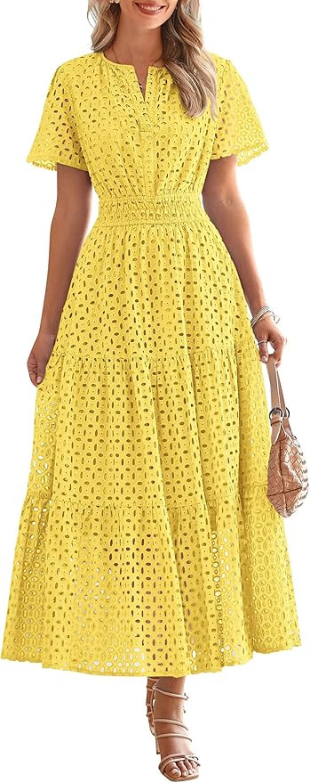 PRETTYGARDEN Womens 2025 Summer Maxi Dress Short Sleeve V Neck Hollow Out Eyelet A Line Long Flow... | Amazon (US)