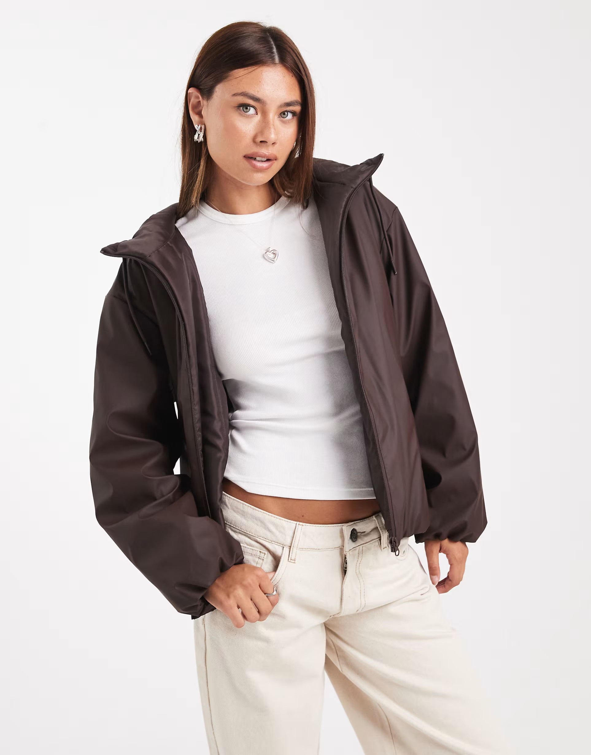 ASOS DESIGN rubberized hooded rainwear bomber jacket in chocolate | ASOS (Global)
