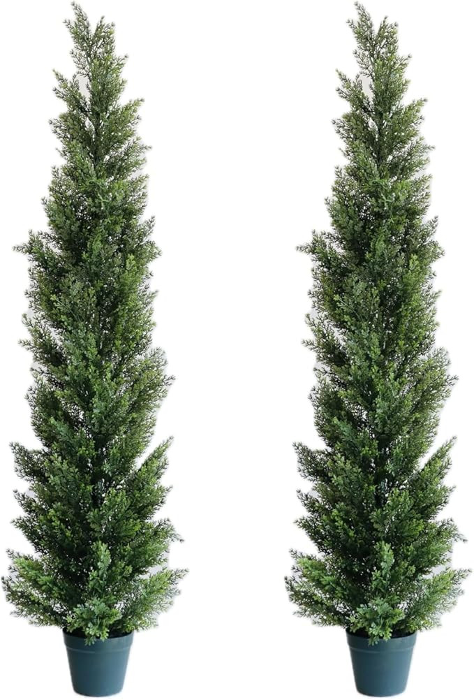 5 Feet Outdoor Artificial Topiary Cedar Tree, Set of 2 UV Resistant Potted Faux Cedar Trees for O... | Amazon (US)