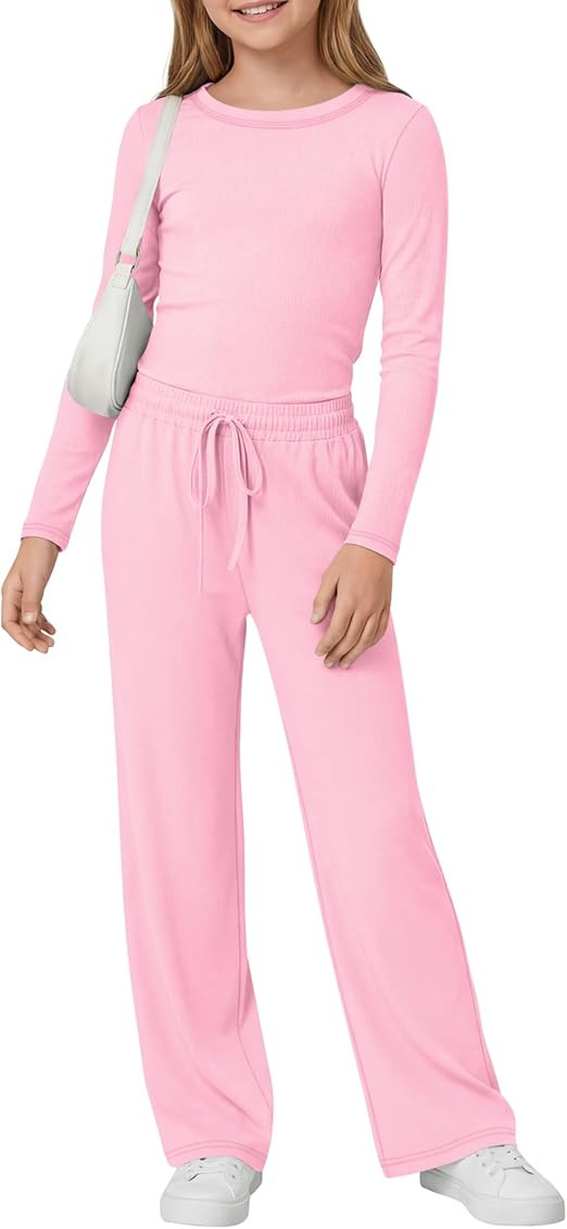 Girls 2 Piece Casual Sets Long Sleeve Crew Neck Top Straight Pants Lounge Outfits Drawstring Kids... | Amazon (US)