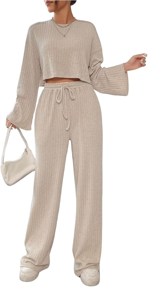 GORGLITTER Women's Going Out Set 2 Piece Cute Knit Long Sleeve Crop Top Tee Wide Leg Pants Lounge... | Amazon (US)