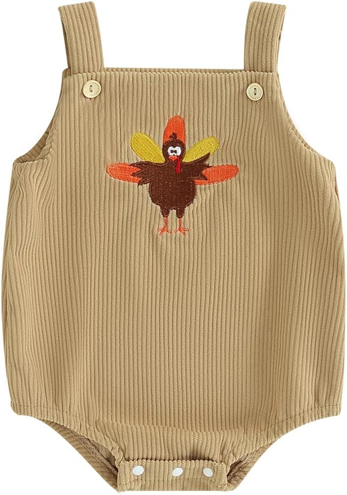 SHUING Newborn Baby Boy Girl Thanksgiving Outfits Sleeveless Corduroy Turkey Print Romper Overall... | Amazon (US)