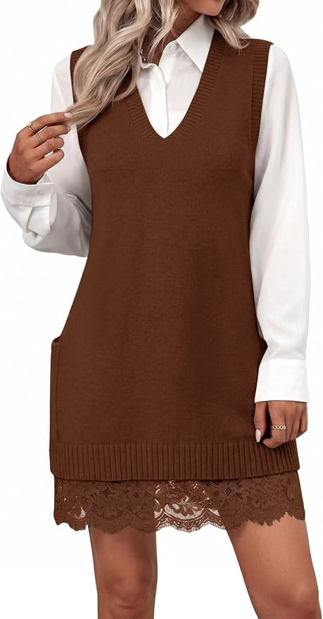 Saodimallsu Womens V Neck Tunic Sweater Vest Lace Patchwork Sleeveless Tank | lace patchwork hem,... | Amazon (US)