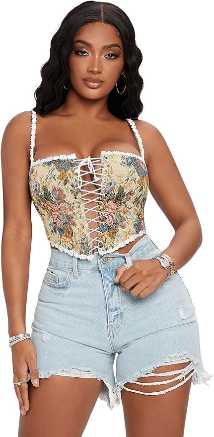 SweatyRocks Women's Floral Print Sleeveless Cami Top Lace Up Tie Front Crop Tank Tops | Amazon (US)