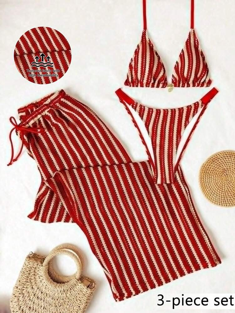 Swim Vcay Plus Size Women 3 Pieces Set: Gold Jewelry, Triangle Halter, Elegant Pants, Casual Swimwear | SHEIN
