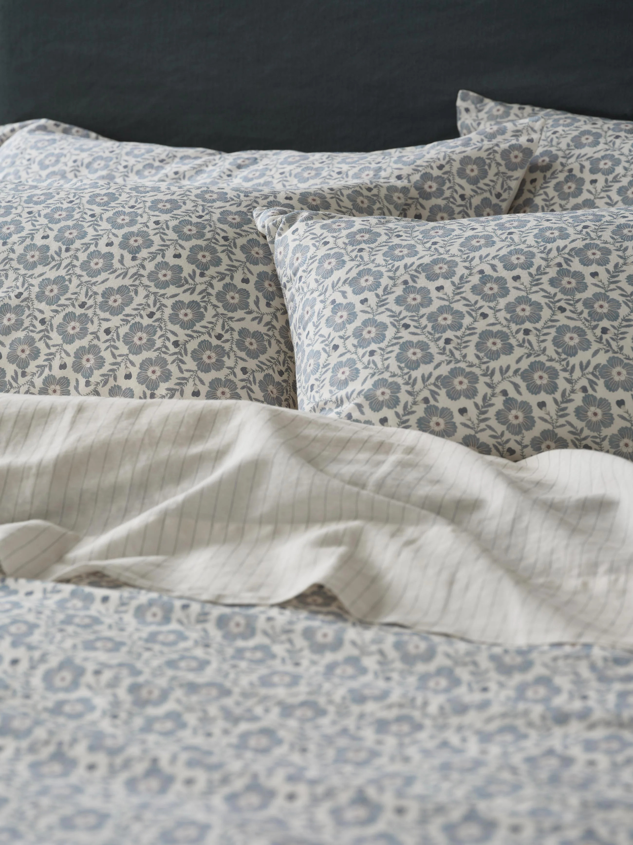 Dusk Blue Folk Floral Linen Blend Pillowcases (Pair) | Piglet