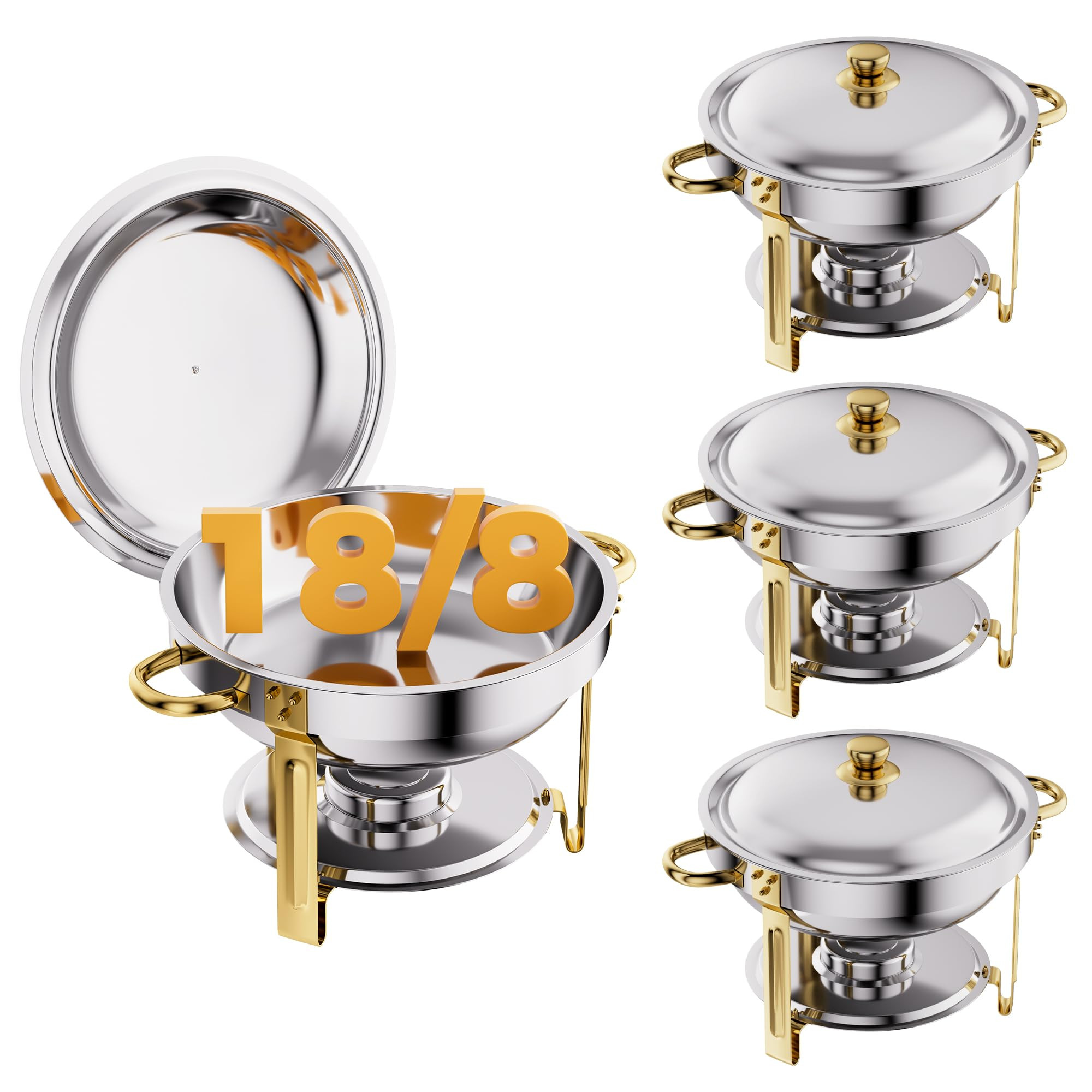 Gold 4 Pack Chafing Dishes for Buffet, 18/8 (304) Stainless Steel Food Pan with Lid, 6QT Round Ch... | Amazon (US)