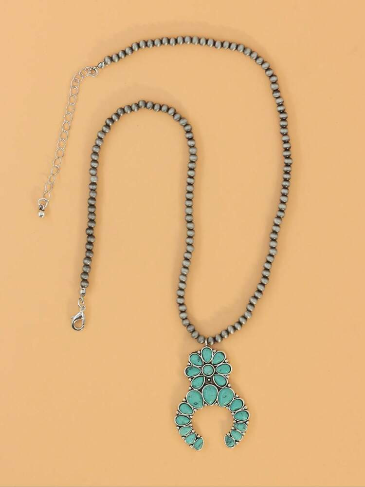 1pc Turquoise Beaded Horn Pendant Necklace Western Style Natural Stone Necklace
       
         ... | SHEIN