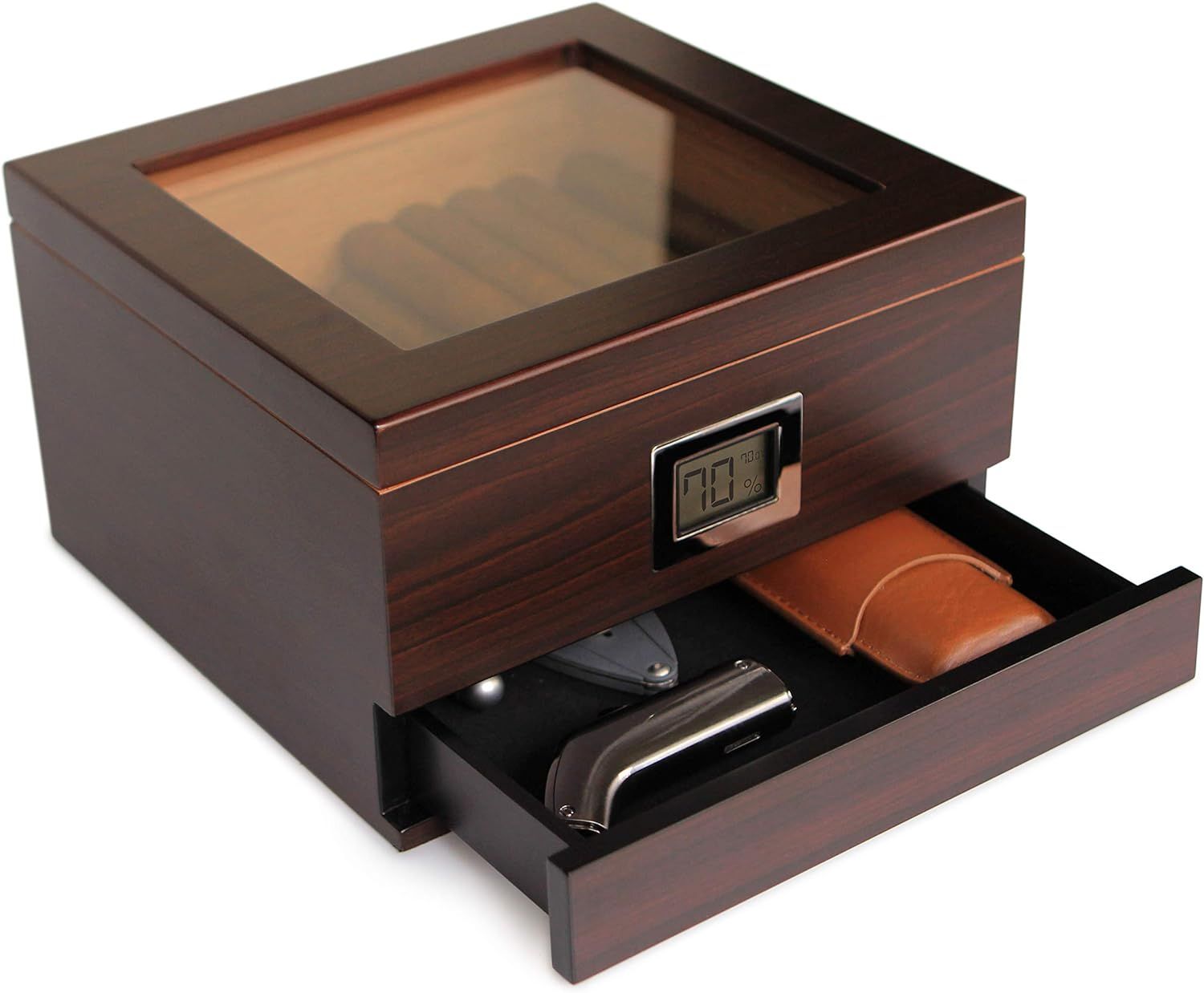 Glass Top Handcrafted Cedar Humidor with Front Digital Hygrometer, Humidifier Gel, and Accessory ... | Amazon (US)