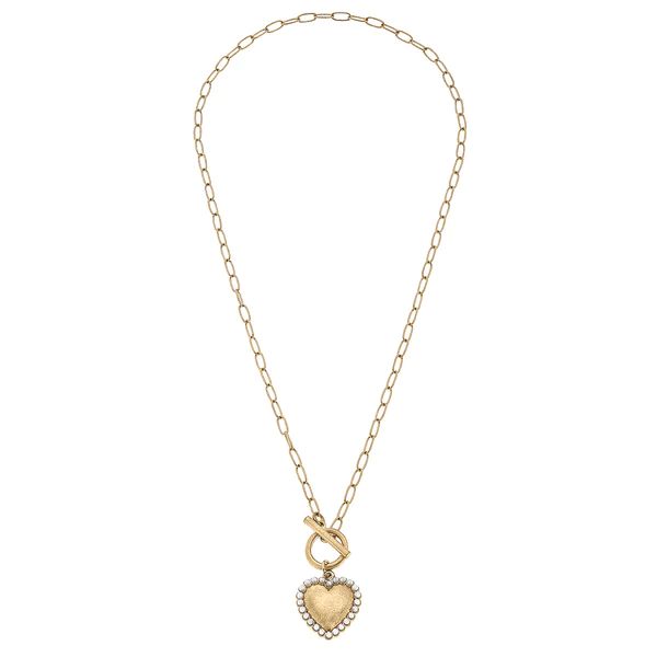 CANVAS Style x @ChappleChandler Molly Pearl Studded Heart T-Bar Necklace in Worn Gold | CANVAS