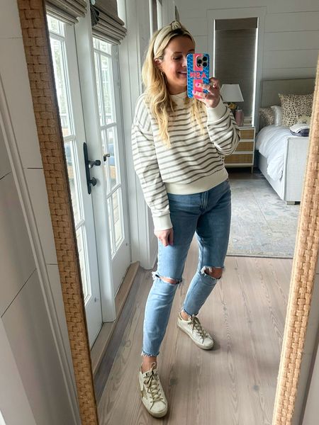Loving this spanx air essentials sweatshirt. Wearing a small. 10% off with code FANCYXSPANX and jeans are 25% off with code DENIMAF and I’m in 27 short  

#LTKsalealert #LTKSpringSale #LTKstyletip