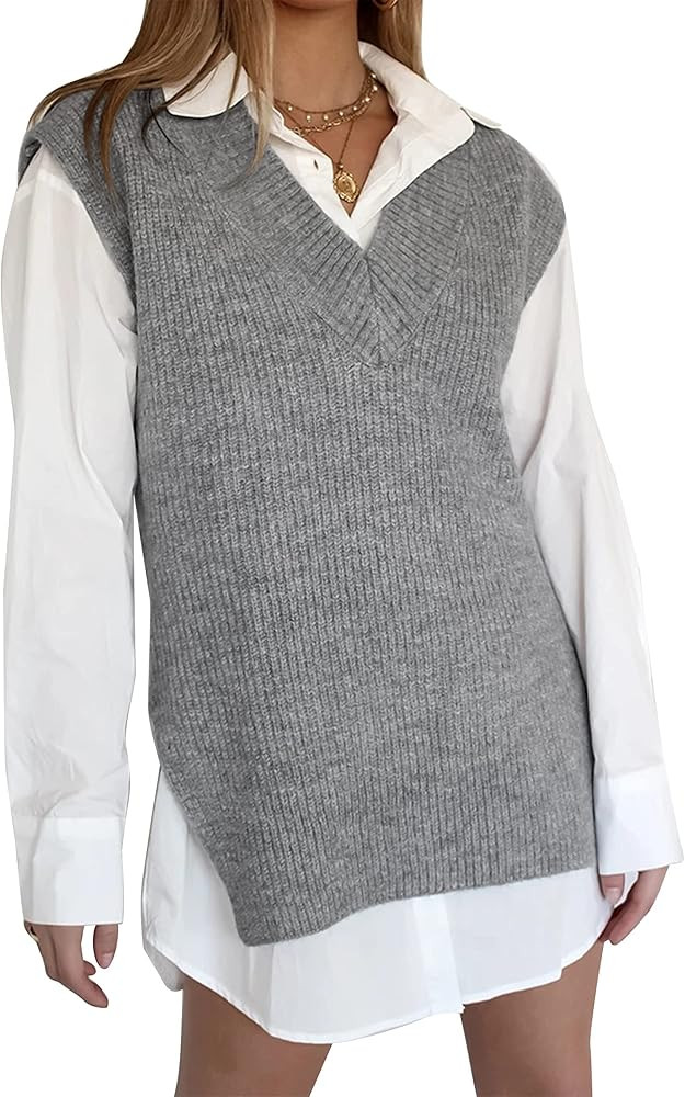 Cowasto Womens Oversized Knit Sweater Vest V Neck Loose Solid Tunic Sleeveless Knitwear Pullover Top | Amazon (US)