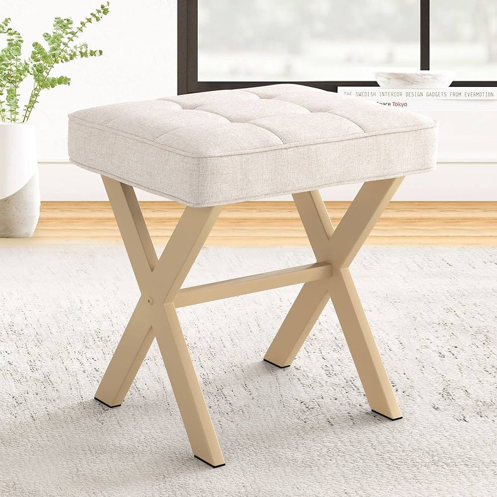 LUE BONA Vanity Stool, Square Linen Makeup Stool with Metal X Legs, Small Ottoman Stool Chair for... | Amazon (CA)