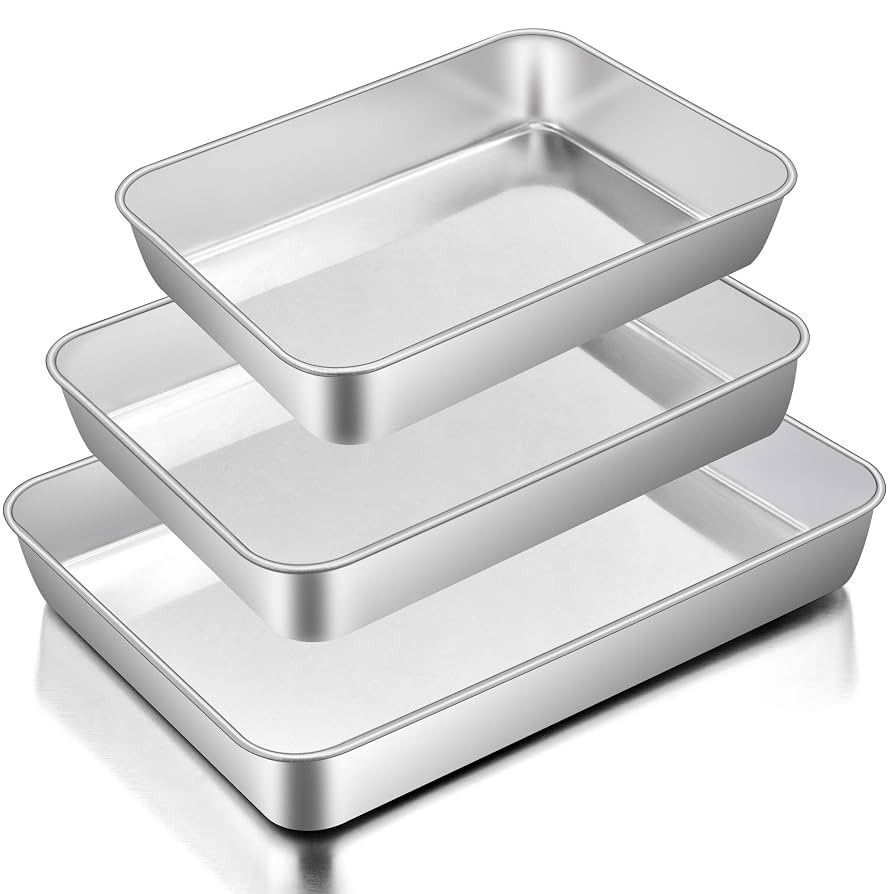 E-far Baking Pans Set of 3, Stainless Steel Sheet Cake Pan for Oven - 12.5/10.5/9.4Inch, Rectangl... | Amazon (US)