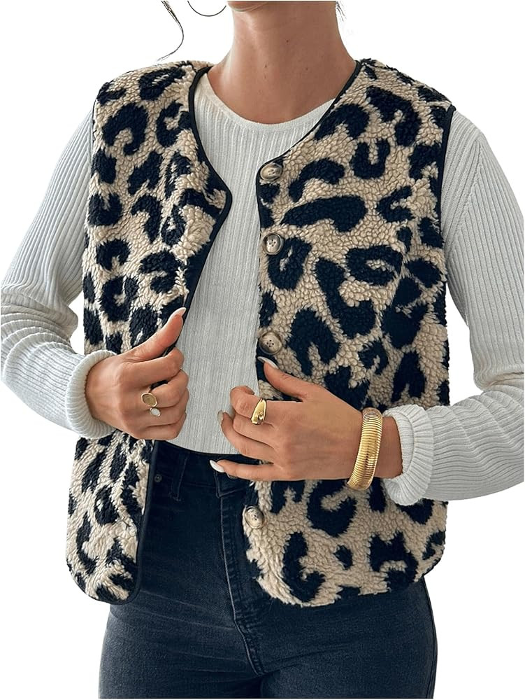 SHENHE Women's Leopard Print Fuzzy Outerwear Vest Button Down Sleeveless Loose Jacket Vest | Amazon (US)