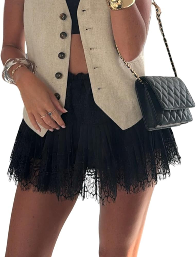Women Y2k Ruffle Pleated Lace Slip Mini Skirt | Amazon (US)