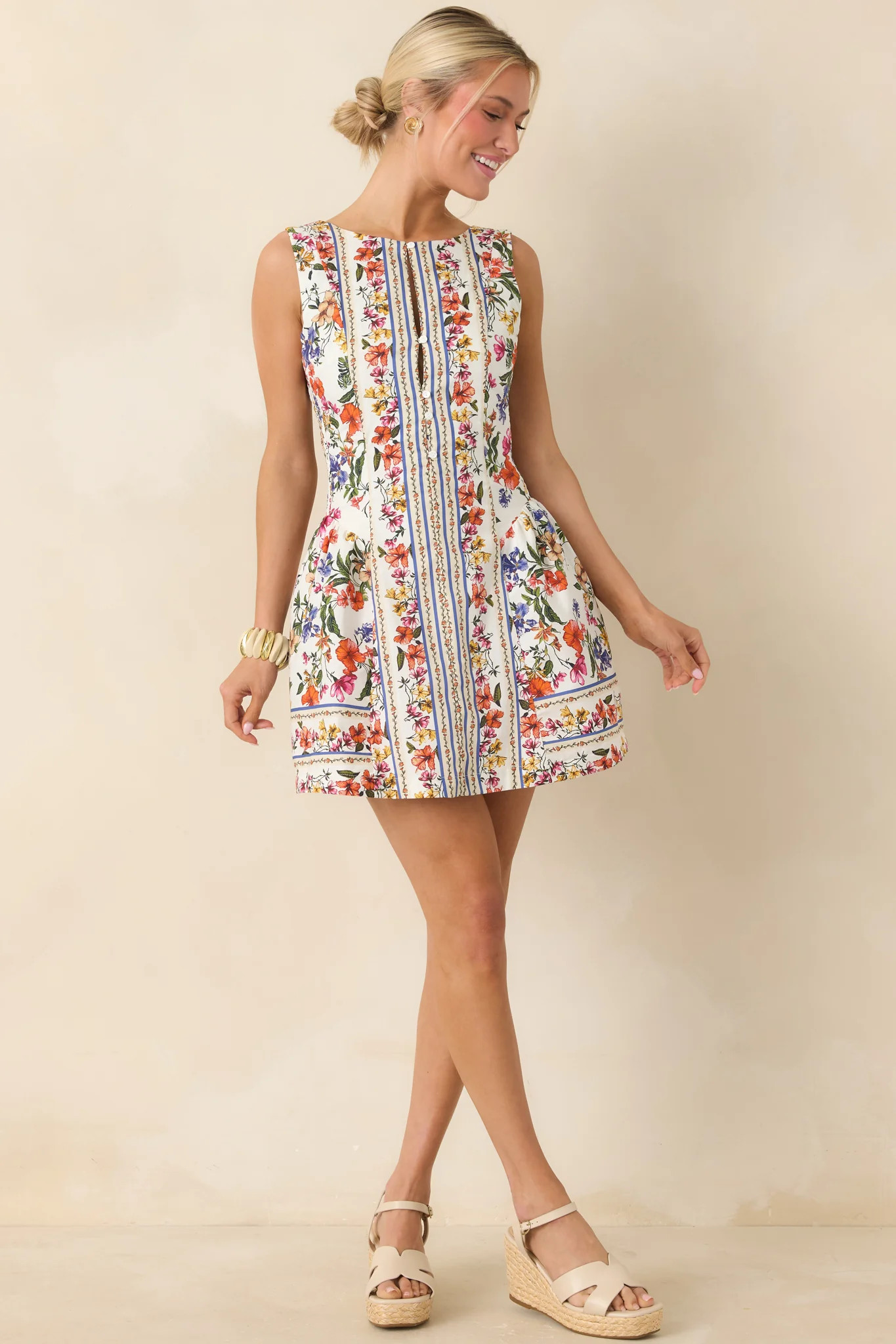 You Look Like Summer Ivory Multi Floral Cotton Sleeveless Mini Dress | Red Dress