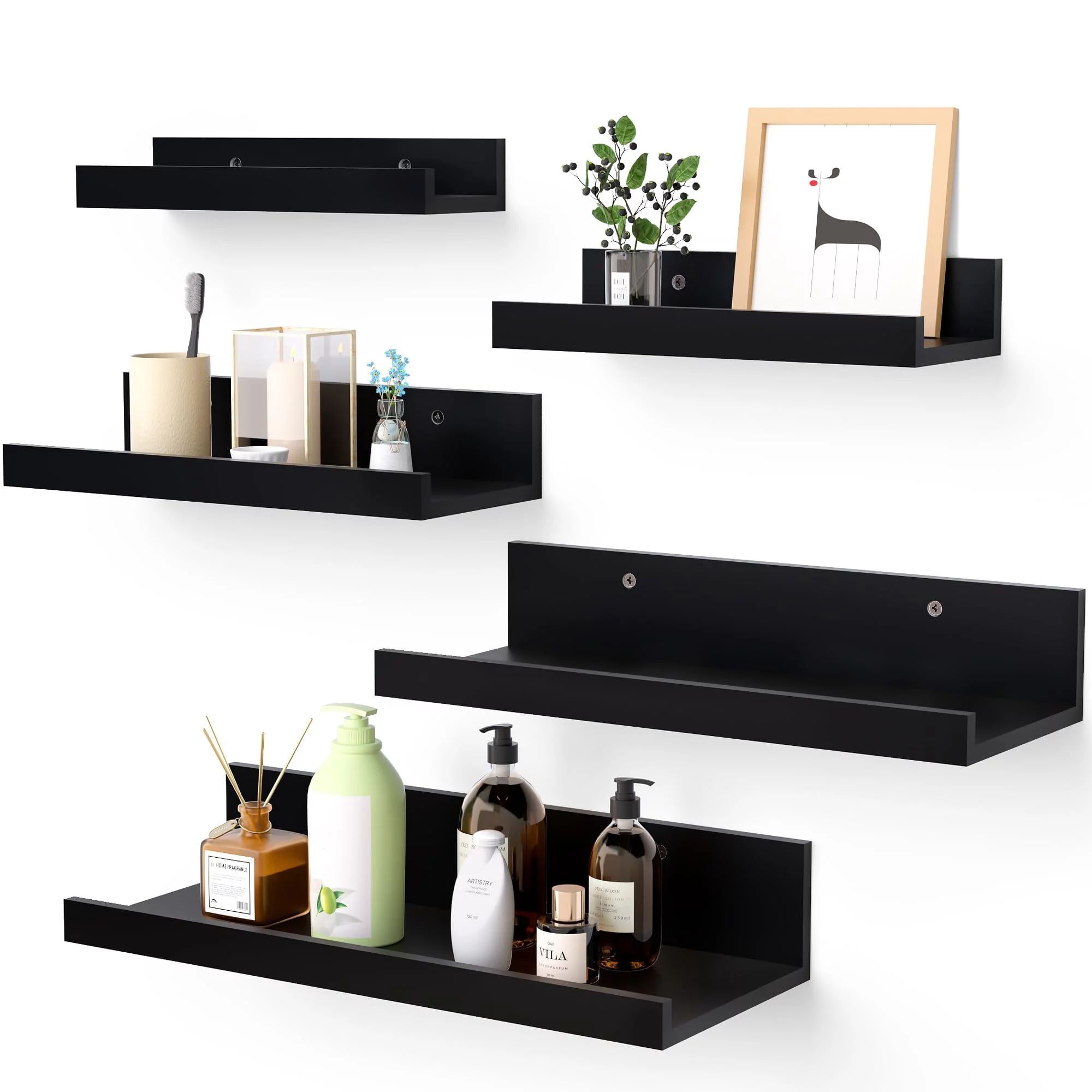 Floating Shelves, Upsimples Home Wood Shelf Wall Mounted, Set of 5, Multiple Sizes, Black | Walmart (US)