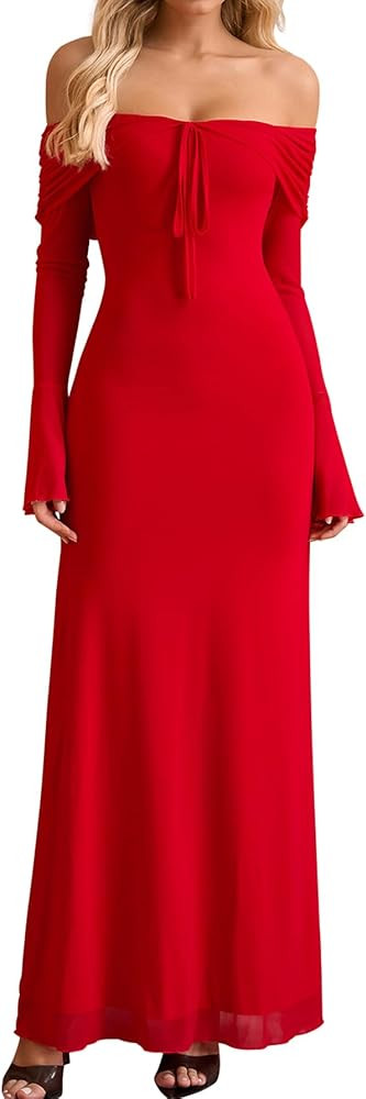 KUTUMAI Elegant Off Shoulder Long Sleeve Maxi Dress Bodycon Tie Formal Wedding Guest Dresses for ... | Amazon (US)