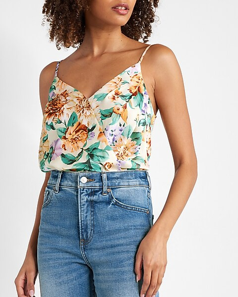 Floral Print Satin Faux Wrap Cami Thong Bodysuit | Express
