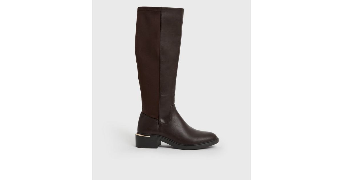 Brown Leather-Look Metal Trim Knee High Boots | New Look | New Look (UK)