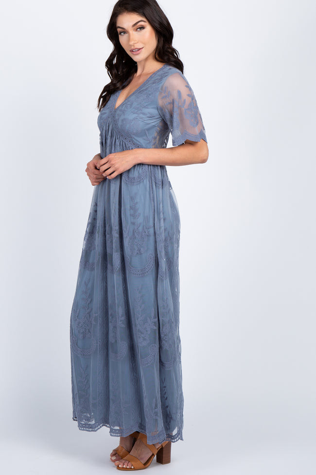 PinkBlush Blue Lace Mesh Overlay Maternity Maxi Dress | PinkBlush Maternity