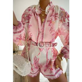 Boho Floral Puff Sleeve Top and Belted Shorts Set in Pink for Vacation & Weekend Brunch | Chicwish