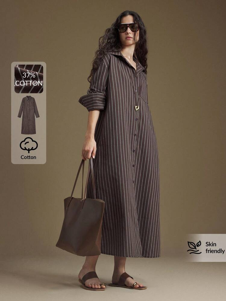 Ontre 2025 Autumn/Winter New Arrival, Bohemian Style Business Casual Vintage Elegant Versatile Apparel, Nashville Clothing, Easter, Christmas Outfits, Women's Solid Color Tie Strap Vest For Casual, Commuting, Business, Wedding Guest, Elegant Brown & White Striped Maxi Dress For Autumn/Winter | SHEIN