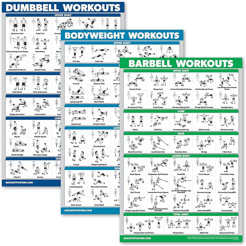 QuickFit 3 Pack - Dumbbell Workouts + Bodyweight Exercises + Barbell Routine Poster Set - Set of ... | Amazon (US)