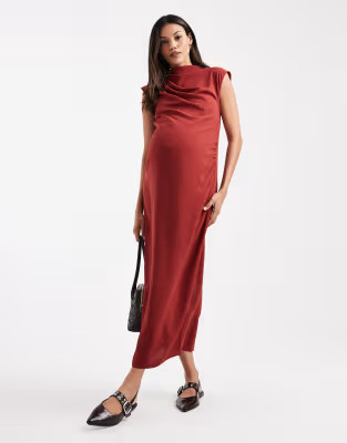 ASOS DESIGN Maternity high neck sleeveless midi dress with draped neck in rust | ASOS (Global)