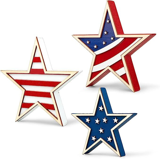 Whaline 4th of July Star Table Decor Patriotic Embossed Stars Stripes Wooden Sign American Flag T... | Amazon (US)