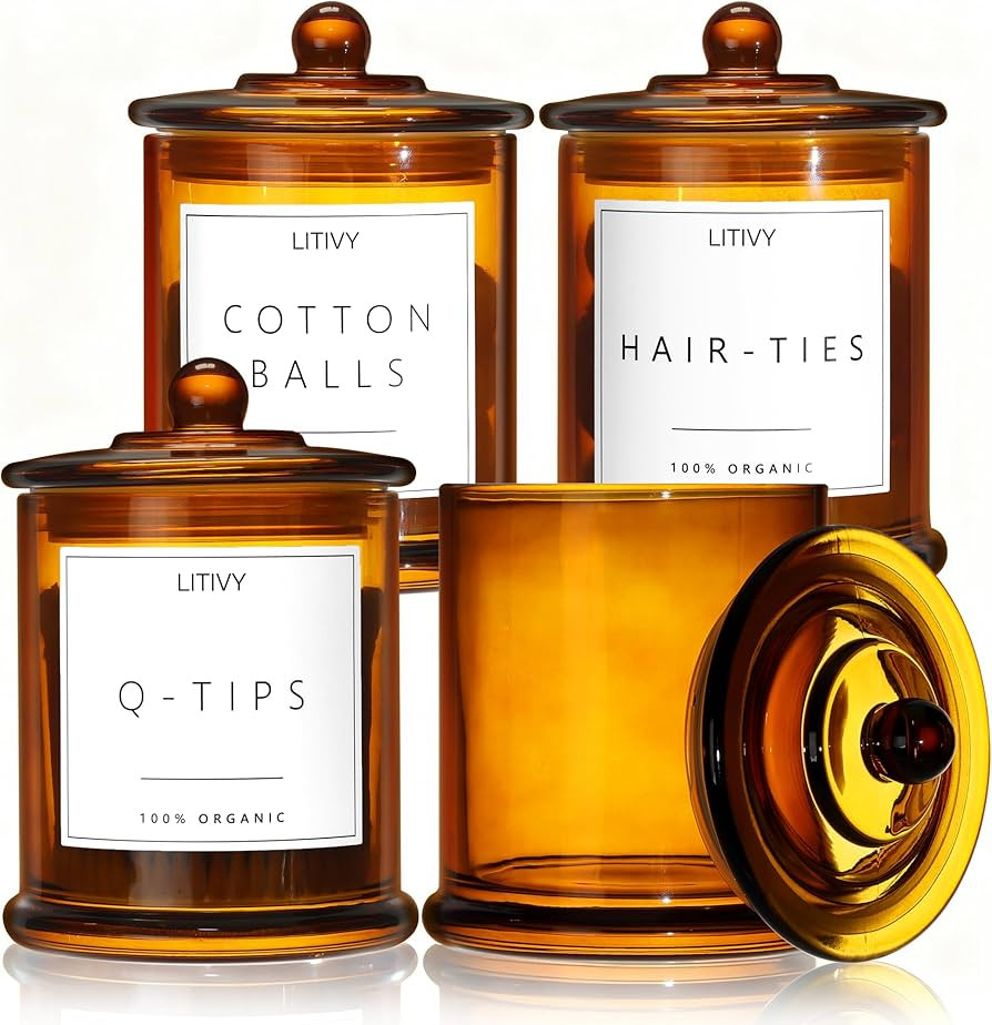 4 Pack Bathroom Organizers and Storage - 16 Oz Glass Qtip Holder & Cotton Pad Dispenser with Lid,... | Amazon (US)