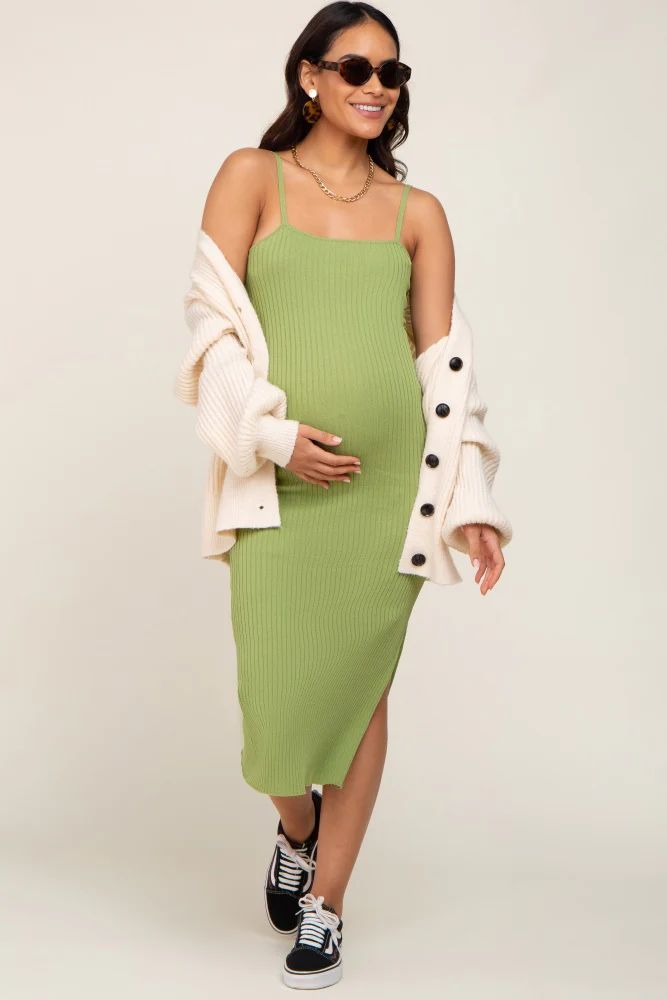 Light Olive Ribbed Knit Side Slit Maternity Midi Dress | PinkBlush Maternity