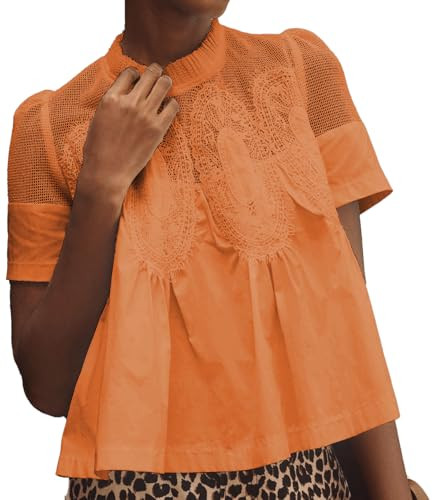 VAOYIU Women Lace-Detail Flared Blouse Short-Sleeve Crew Neck Flowy Mesh Swing Top Casual Dressy ... | Amazon (US)
