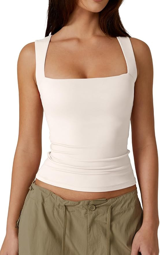 QINSEN Women's Square Neck Sleeveless Double-Layer Tank Tops Basic Tight T Shirts | Amazon (US)