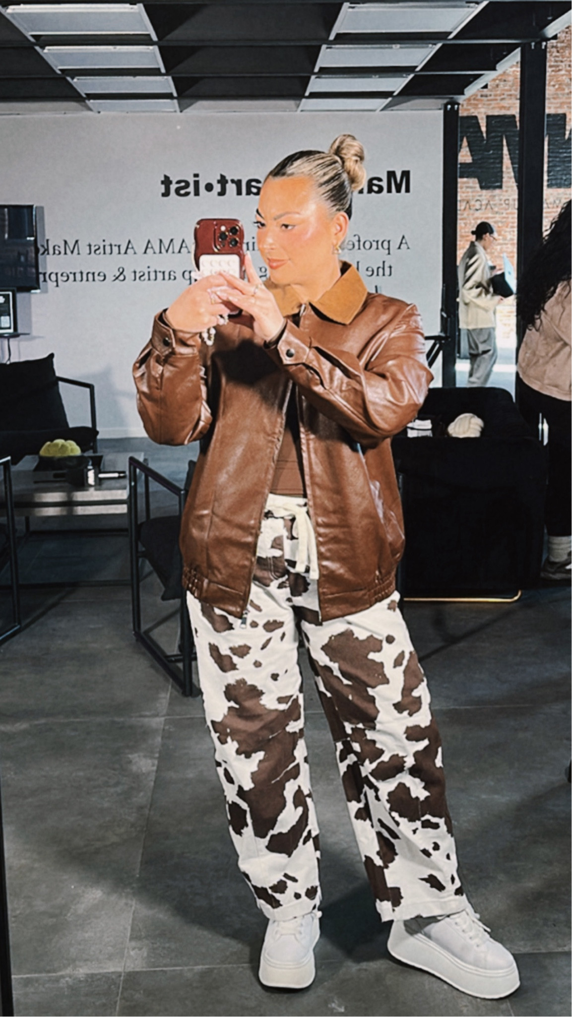 OOTD: 
Brown leather oversized jacket 
Brown scoop neck bodysuit 
Cow print wide leg drawstring pant
White platform sneakers

Skims | work | makeup artist | hair stylist | winter 

#LTKstyletip #LTKfindsunder50 #LTKworkwear
