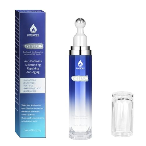 Eye Serum with 8% Caffeine 8% Retinol Hyaluronic Acid Niacinamide peptides for Puffy Bags Fine Lines Dark Circles Wrinkles, Under Eye Cream with 360° Roller Massage Ball, 0.5 fl. oz,Purple | Amazon (US)
