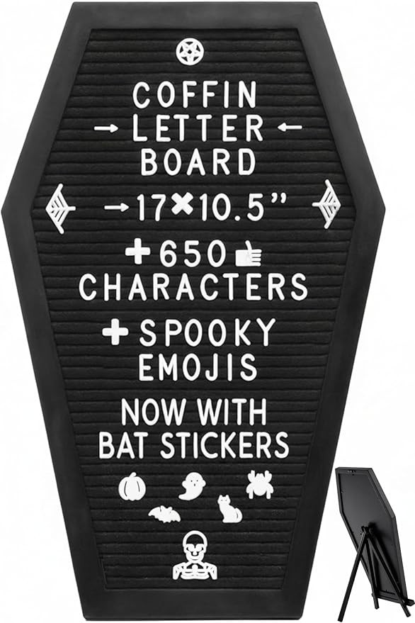 Coffin Letter Board Black +3D Bat Stickers +650 Characters, Spooky & Seasonal Emojis, Wooden Stan... | Amazon (US)