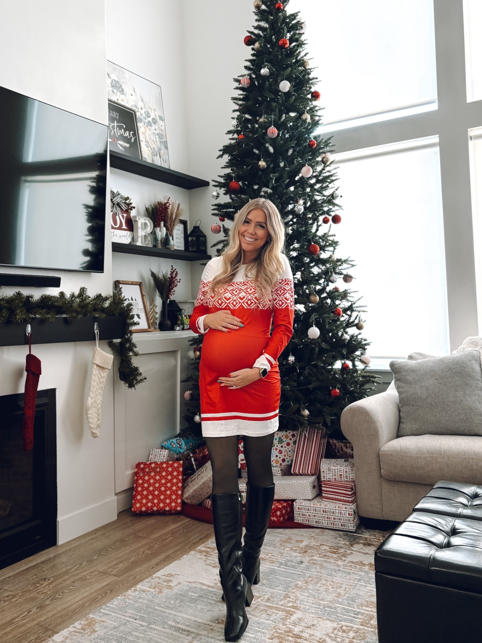 bump friendly Christmas dress outfit for a holiday party or gathering! not maternity but stretchy so it works with the bump! I sized up one to an L! This is a lightweight material, not a sweater!

boots: size up half

| holiday outfit | ugly Christmas sweater dress | bump friendly | pregnant 

#LTKHoliday #LTKFindsUnder100 #LTKBump