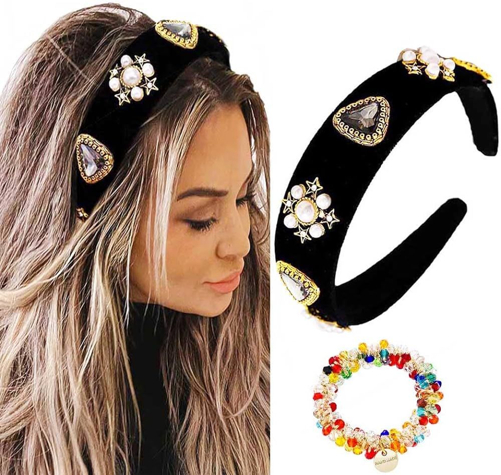 Sinalty Baroque Wide Headbands Black Velvet Crystal Hairband Vintage Hair Band Custome Hair Acces... | Amazon (US)