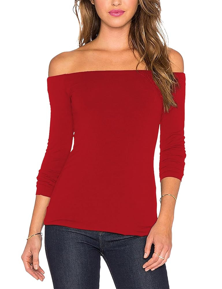 Sarin Mathews Women's Sexy Off The Shoulder Tops Long Sleeve Slim Fit Stretchy Shirts Blouses Top | Amazon (US)