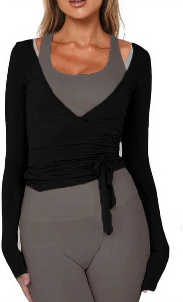 Womens Slim Fit Tie Front Open Front Wrap Long Sleeve T Shirt Y2K Ballet Going Out Cardigan Aesth... | Amazon (US)