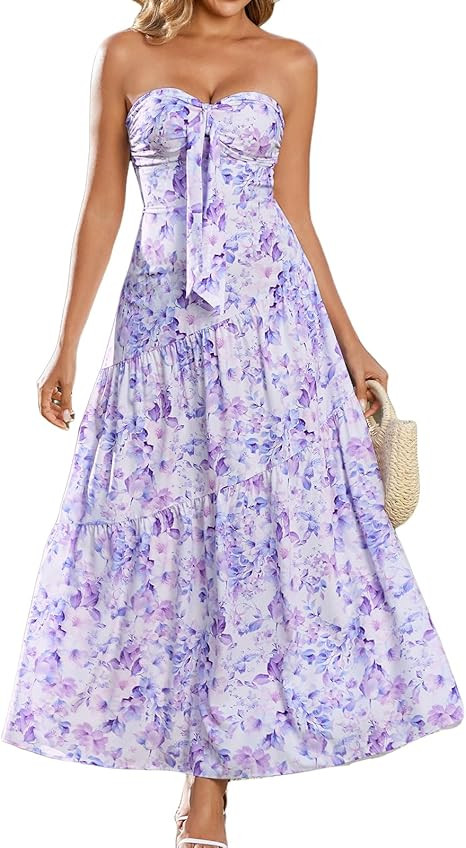XinFSh Women's Summer Floral Tube Beach Wedding Guest Dress Flowy A Line Strapless Tie Front Long... | Amazon (US)